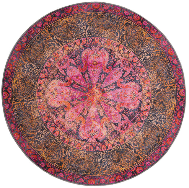 Washable Pink 7' 3 x 7' 3 Mangata Round Area Rug Easy to Clean Stain Resistant & Durable Chenille Traditional Vintage Distressed Carpet for Sale at Rug Engine