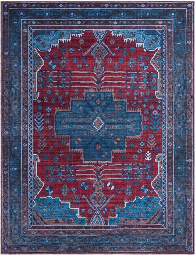 Washable Red and Blue 9' 2 x 12' Mangata Washable Rectangle Area Rug Easy to Clean Stain Resistant & Durable Chenille Traditional Vintage Distressed Carpet for Sale at Rug Engine