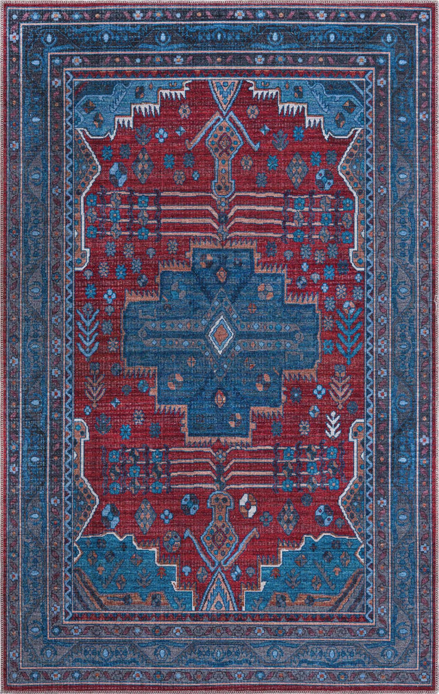 Washable Red and Blue 5' 3 x 8' Mangata Washable Rectangle Area Rug Easy to Clean Stain Resistant & Durable Chenille Traditional Vintage Distressed Carpet for Sale at Rug Engine