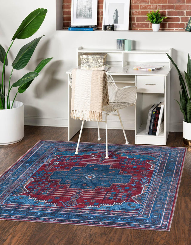 Washable Red and Blue 5' 3 x 5' 3 Mangata Washable Square Area Rug Easy to Clean Stain Resistant & Durable Chenille Traditional Vintage Distressed Carpet for Sale at Rug Engine