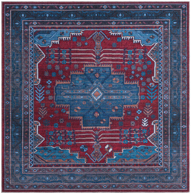 Washable Red and Blue 8' x 8' Mangata Washable Square Area Rug Easy to Clean Stain Resistant & Durable Chenille Traditional Vintage Distressed Carpet for Sale at Rug Engine