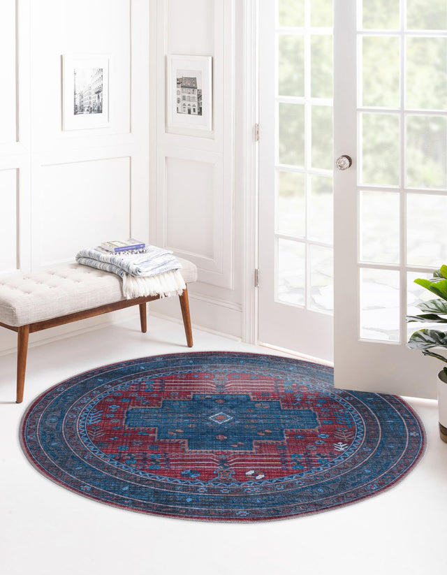 Washable Red and Blue 5' 3 x 5' 3 Mangata Round Area Rug Easy to Clean Stain Resistant & Durable Chenille Traditional Vintage Distressed Carpet for Sale at Rug Engine