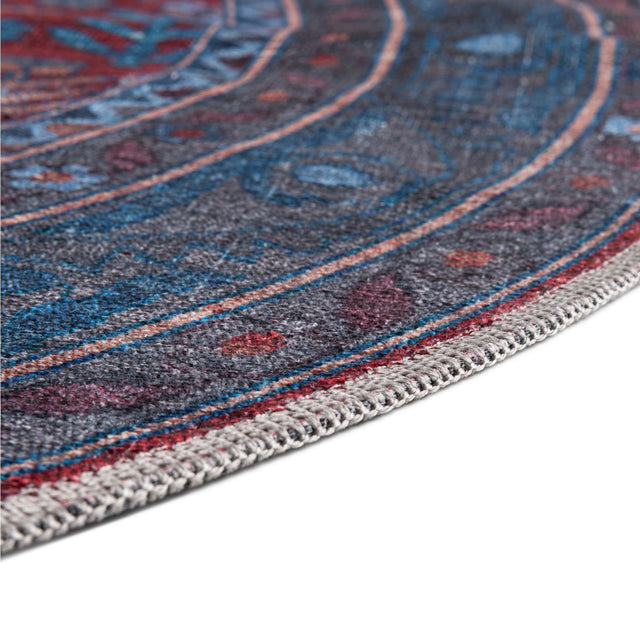 Washable Red and Blue 5' 3 x 5' 3 Mangata Round Area Rug Easy to Clean Stain Resistant & Durable Chenille Traditional Vintage Distressed Carpet for Sale at Rug Engine
