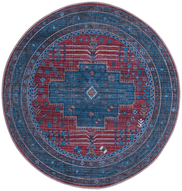 Washable Red and Blue 5' 3 x 5' 3 Mangata Round Area Rug Easy to Clean Stain Resistant & Durable Chenille Traditional Vintage Distressed Carpet for Sale at Rug Engine