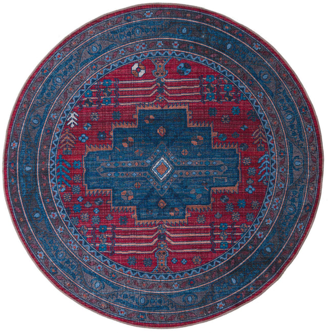 Washable Red and Blue 7' 3 x 7' 3 Mangata Round Area Rug Easy to Clean Stain Resistant & Durable Chenille Traditional Vintage Distressed Carpet for Sale at Rug Engine