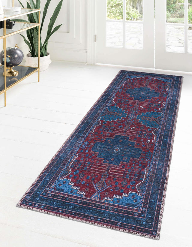 Washable Red and Blue 2' x 10' Mangata Runner Area Rug Easy to Clean Stain Resistant & Durable Chenille Traditional Vintage Distressed Carpet for Sale at Rug Engine