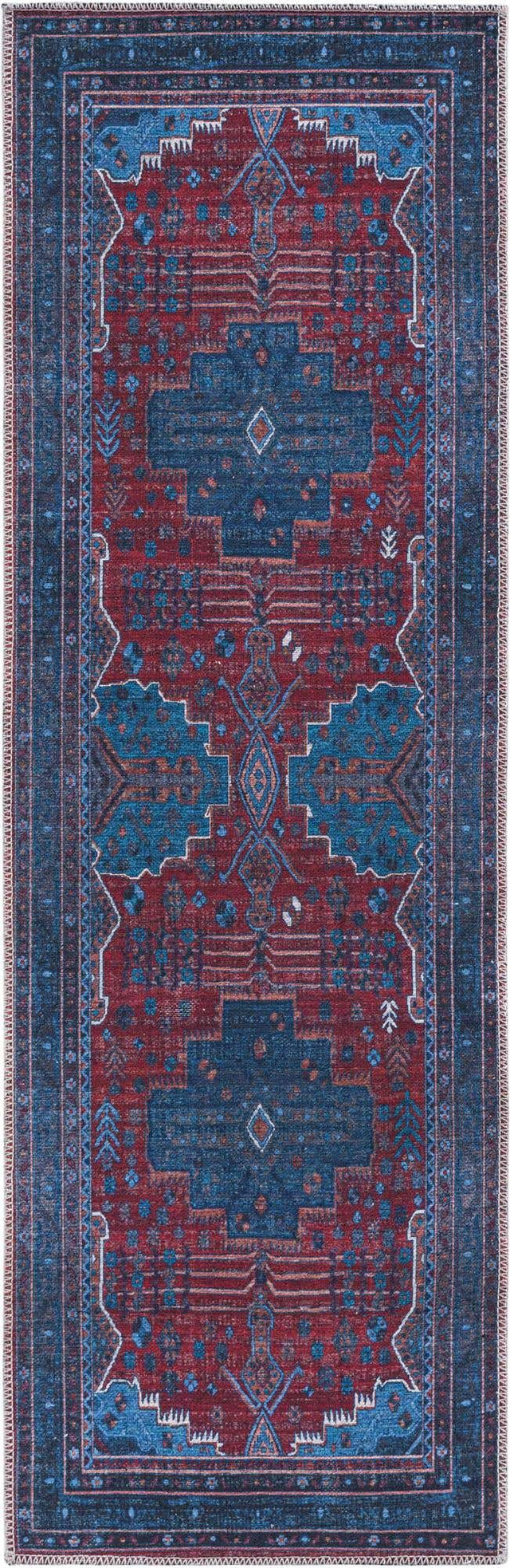Washable Red and Blue 2' x 6' Mangata Washable Runner Area Rug Easy to Clean Stain Resistant & Durable Chenille Traditional Vintage Distressed Carpet for Sale at Rug Engine