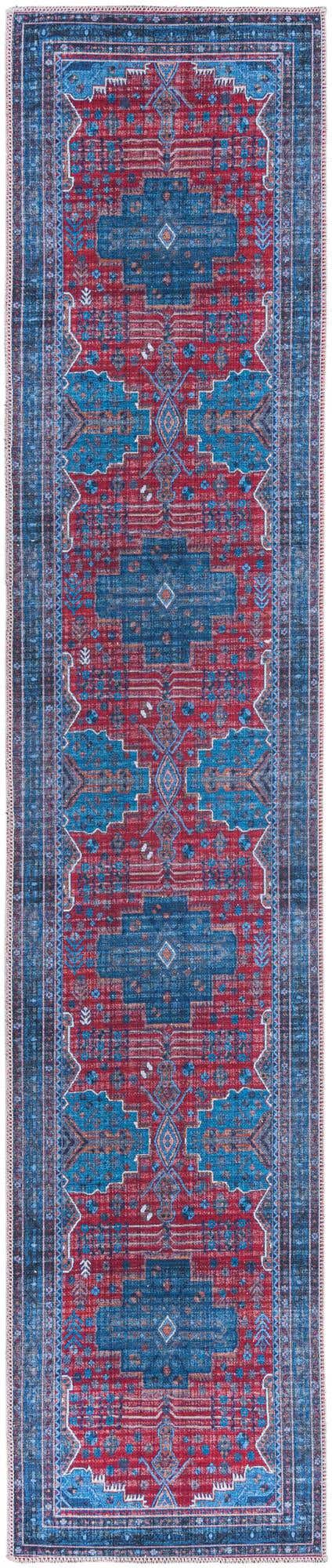 Washable Red and Blue 2' x 10' Mangata Runner Area Rug Easy to Clean Stain Resistant & Durable Chenille Traditional Vintage Distressed Carpet for Sale at Rug Engine
