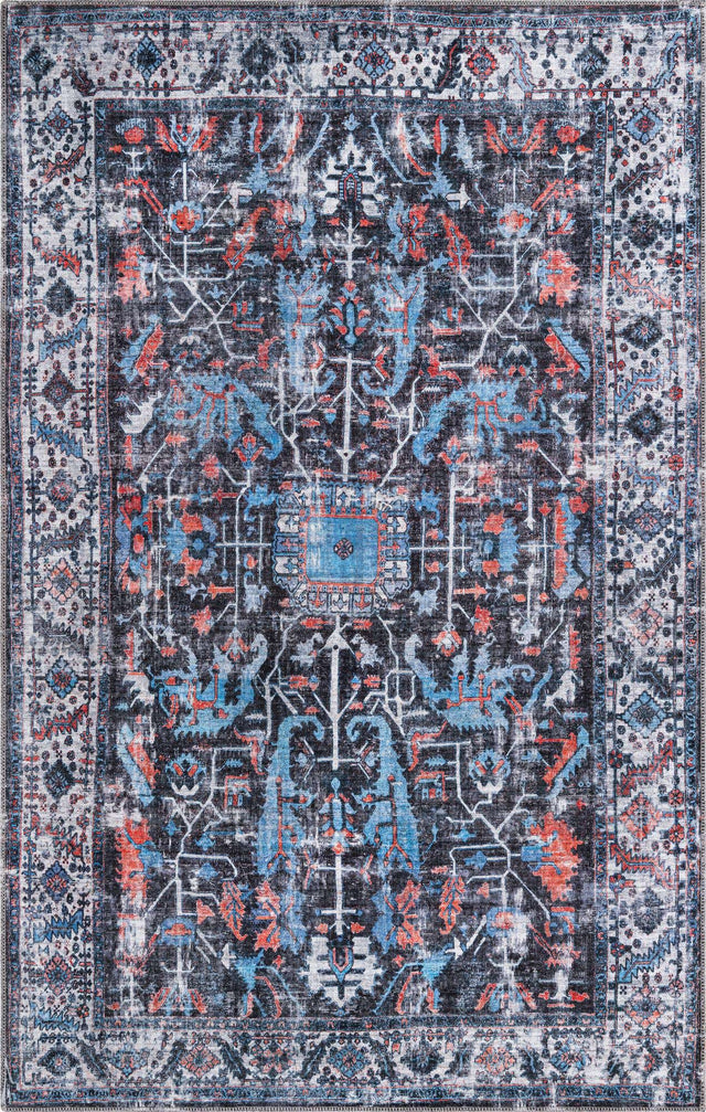 Washable Black 5' 3 x 8' Mangata Rectangle Area Rug Easy to Clean Stain Resistant & Durable Chenille Traditional Vintage Distressed Carpet for Sale at Rug Engine
