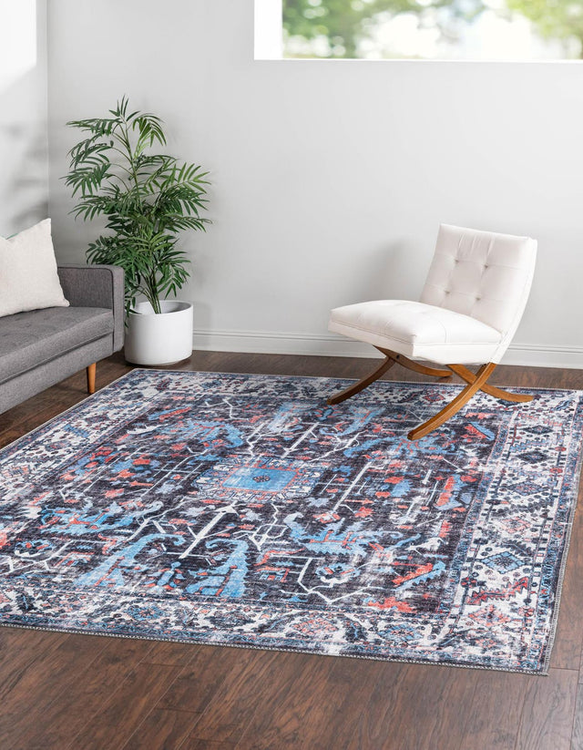 Washable Black 7' 10 x 7' 10 Mangata Square Area Rug Easy to Clean Stain Resistant & Durable Chenille Traditional Vintage Distressed Carpet for Sale at Rug Engine