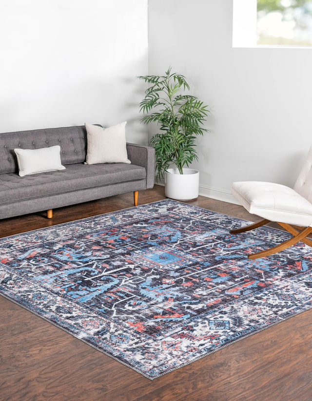 Washable Black 7' 10 x 7' 10 Mangata Square Area Rug Easy to Clean Stain Resistant & Durable Chenille Traditional Vintage Distressed Carpet for Sale at Rug Engine