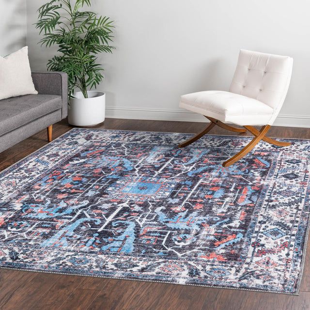 Washable Black 7' 10 x 7' 10 Mangata Square Area Rug Easy to Clean Stain Resistant & Durable Chenille Traditional Vintage Distressed Carpet for Sale at Rug Engine