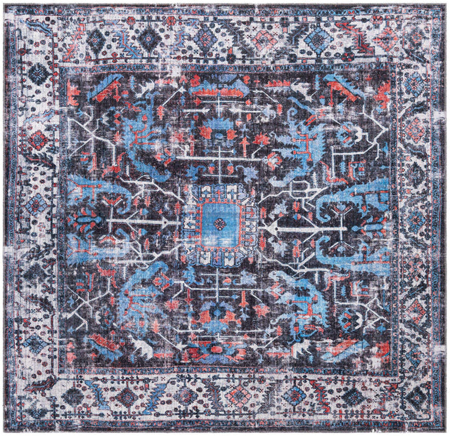 Washable Black 7' 10 x 7' 10 Mangata Square Area Rug Easy to Clean Stain Resistant & Durable Chenille Traditional Vintage Distressed Carpet for Sale at Rug Engine