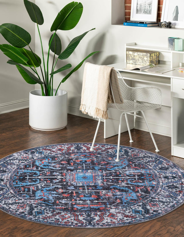 Washable Black 5' 3 x 5' 3 Mangata Round Area Rug Easy to Clean Stain Resistant & Durable Chenille Traditional Vintage Distressed Carpet for Sale at Rug Engine