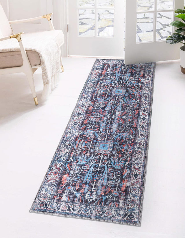 Washable Black 2' x 7' 10 Mangata Runner Area Rug Easy to Clean Stain Resistant & Durable Chenille Traditional Vintage Distressed Carpet for Sale at Rug Engine