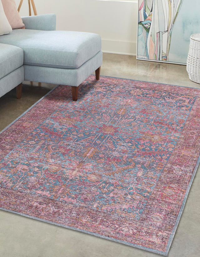 Washable Antique Blue 5' 3 x 8' Mangata Rectangle Area Rug Easy to Clean Stain Resistant & Durable Chenille Traditional Vintage Distressed Carpet for Sale at Rug Engine