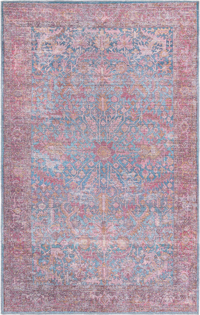 Washable Antique Blue 5' 3 x 8' Mangata Rectangle Area Rug Easy to Clean Stain Resistant & Durable Chenille Traditional Vintage Distressed Carpet for Sale at Rug Engine
