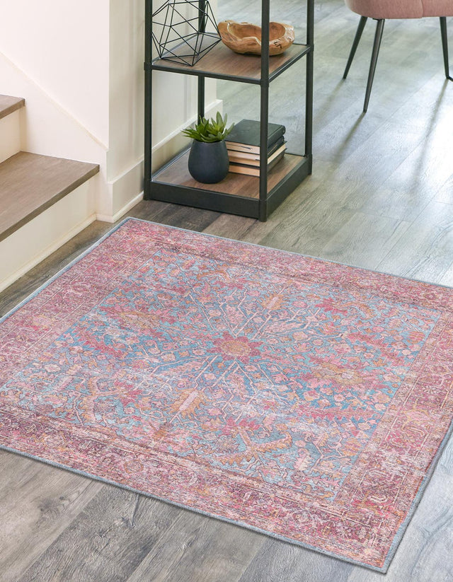 Washable Antique Blue 5' 3 x 5' 3 Mangata Square Area Rug Easy to Clean Stain Resistant & Durable Chenille Traditional Vintage Distressed Carpet for Sale at Rug Engine