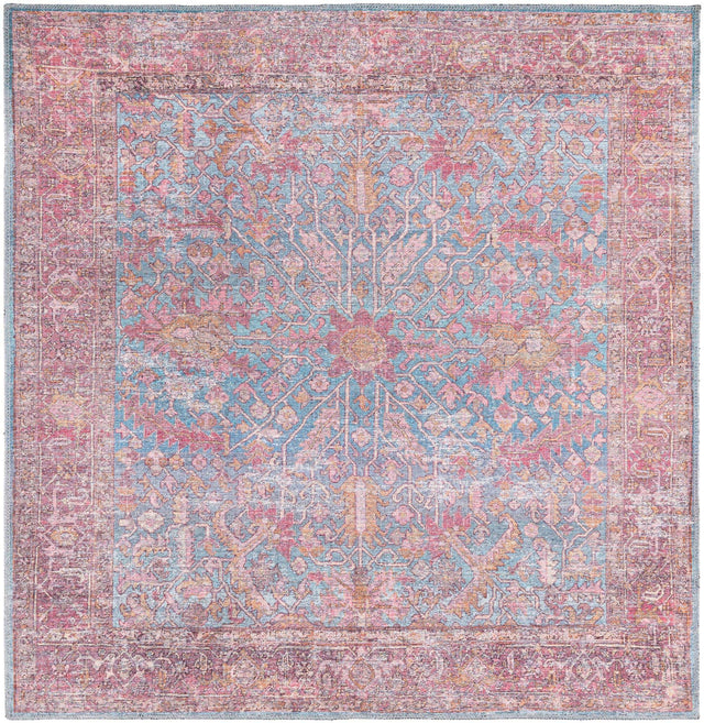 Washable Antique Blue 5' 3 x 5' 3 Mangata Square Area Rug Easy to Clean Stain Resistant & Durable Chenille Traditional Vintage Distressed Carpet for Sale at Rug Engine