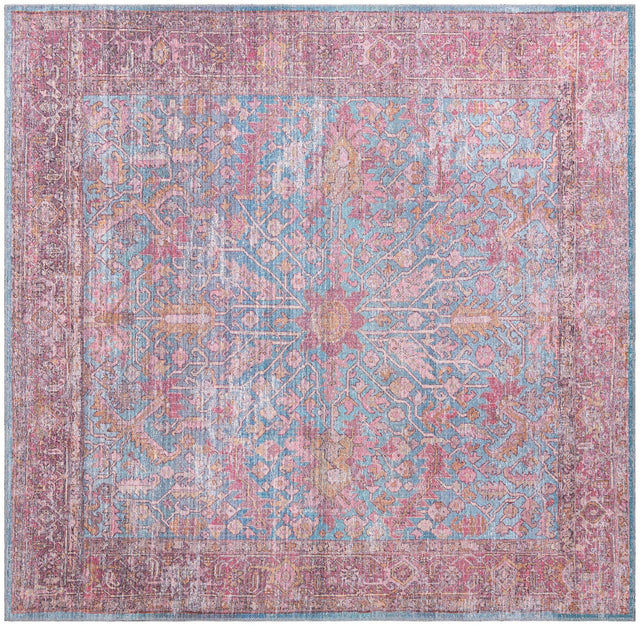 Washable Antique Blue 7' 10 x 7' 10 Mangata Square Area Rug Easy to Clean Stain Resistant & Durable Chenille Traditional Vintage Distressed Carpet for Sale at Rug Engine