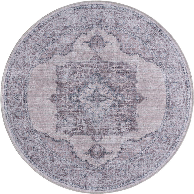 Washable Ivory and Gray 5' 3 x 5' 3 Mangata Round Area Rug Easy to Clean Stain Resistant & Durable Chenille Traditional Vintage Distressed Carpet for Sale at Rug Engine