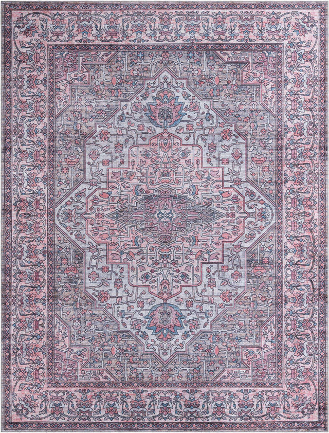 Washable Beige and pink 9' 2 x 12' Mangata Rectangle Area Rug Easy to Clean Stain Resistant & Durable Chenille Traditional Vintage Distressed Carpet for Sale at Rug Engine