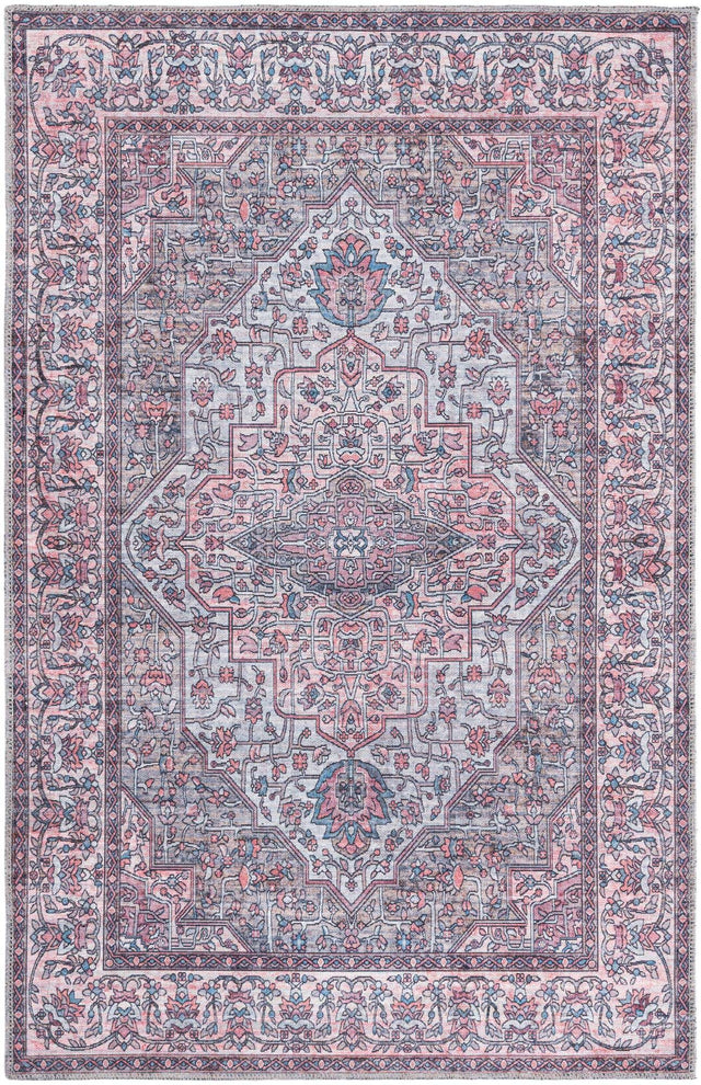 Washable Beige and pink 3' 11 x 6' Mangata Rectangle Area Rug Easy to Clean Stain Resistant & Durable Chenille Traditional Vintage Distressed Carpet for Sale at Rug Engine