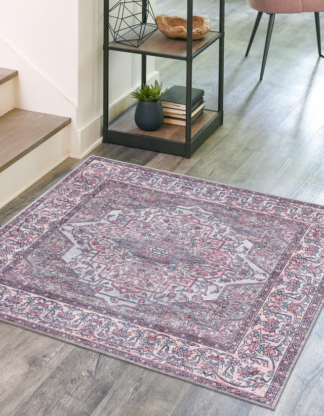 Washable Beige and pink 7' 10 x 7' 10 Mangata Square Area Rug Easy to Clean Stain Resistant & Durable Chenille Traditional Vintage Distressed Carpet for Sale at Rug Engine