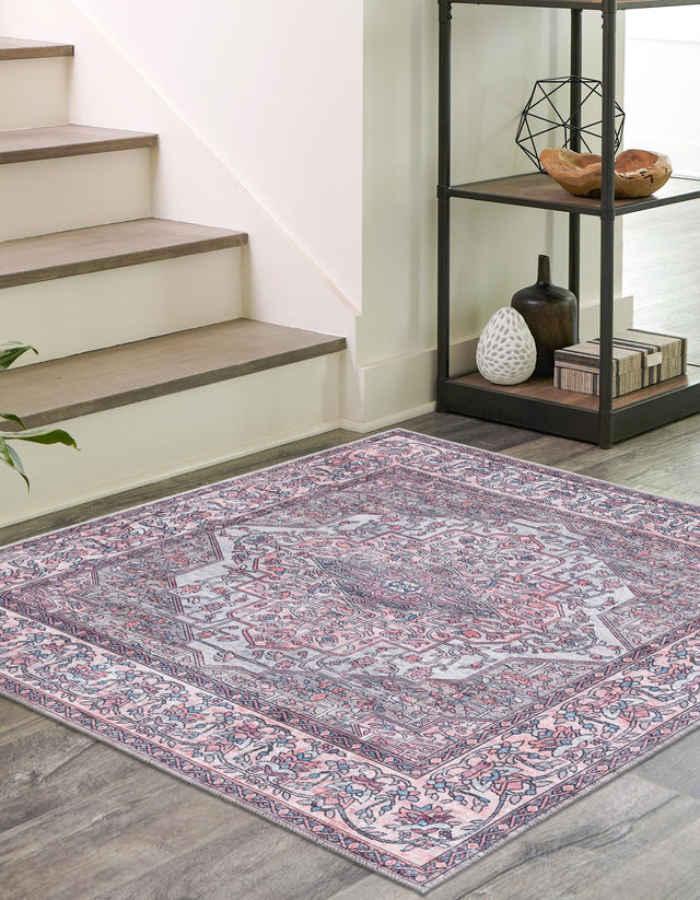 Washable Beige and pink 5' 3 x 5' 3 Mangata Square Area Rug Easy to Clean Stain Resistant & Durable Chenille Traditional Vintage Distressed Carpet for Sale at Rug Engine