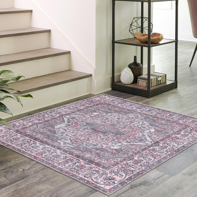 Washable Beige and pink 7' 10 x 7' 10 Mangata Square Area Rug Easy to Clean Stain Resistant & Durable Chenille Traditional Vintage Distressed Carpet for Sale at Rug Engine