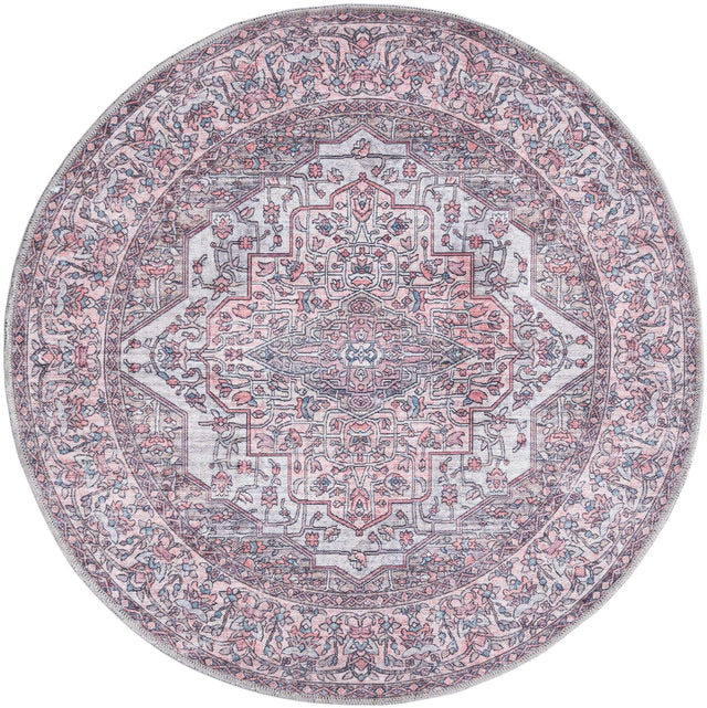 Washable Beige and pink 3' 11 x 3' 11 Mangata Round Area Rug Easy to Clean Stain Resistant & Durable Chenille Traditional Vintage Distressed Carpet for Sale at Rug Engine