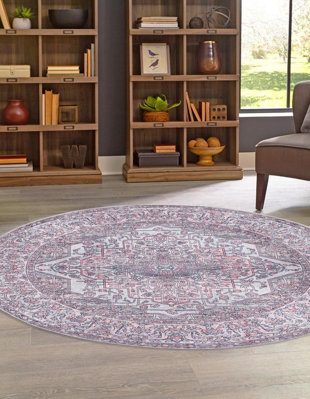 Washable Beige and pink 5' 3 x 5' 3 Mangata Round Area Rug Easy to Clean Stain Resistant & Durable Chenille Traditional Vintage Distressed Carpet for Sale at Rug Engine