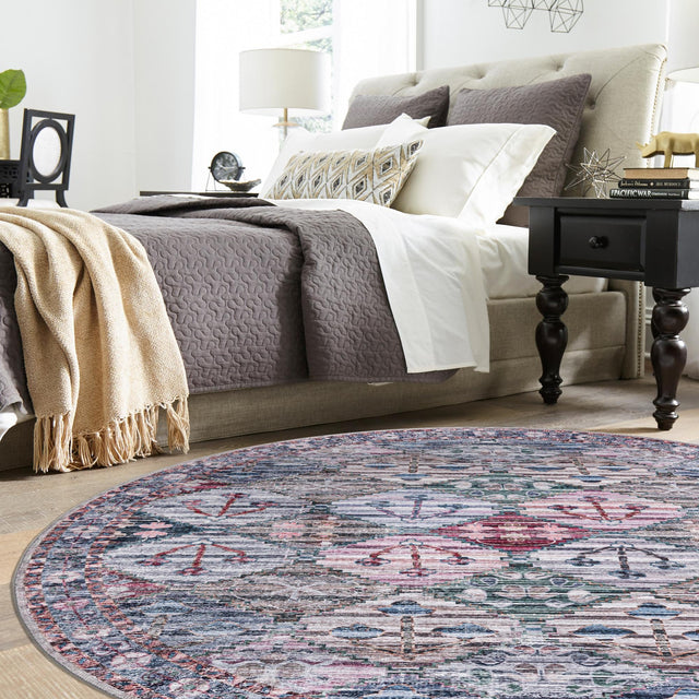 Washable Multicolor 3' 11 x 3' 11 Mangata Round Area Rug Easy to Clean Stain Resistant & Durable Chenille Traditional Vintage Distressed Carpet for Sale at Rug Engine