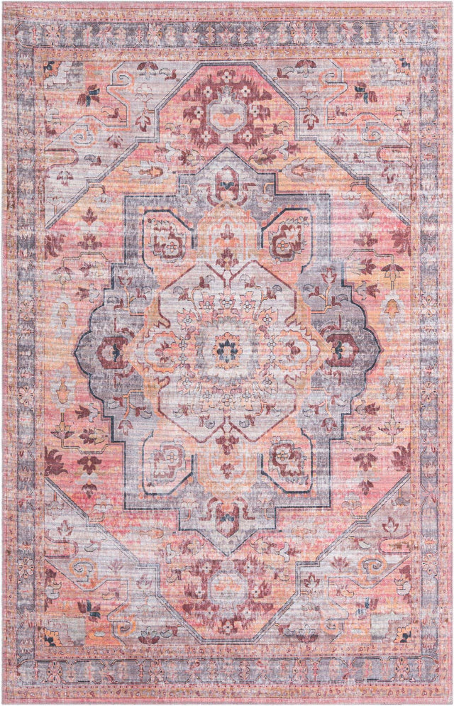 Washable Apricot and pink 6' x 9' Mangata Washable Rectangle Area Rug Easy to Clean Stain Resistant & Durable Chenille Traditional Vintage Distressed Carpet for Sale at Rug Engine