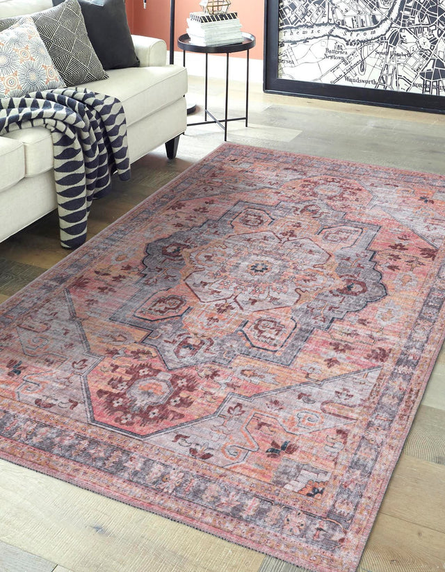 Washable Apricot and pink 8' x 10' Mangata Washable Rectangle Area Rug Easy to Clean Stain Resistant & Durable Chenille Traditional Vintage Distressed Carpet for Sale at Rug Engine