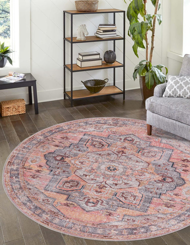 Washable Apricot and pink 5' 3 x 5' 3 Mangata Round Area Rug Easy to Clean Stain Resistant & Durable Chenille Traditional Vintage Distressed Carpet for Sale at Rug Engine