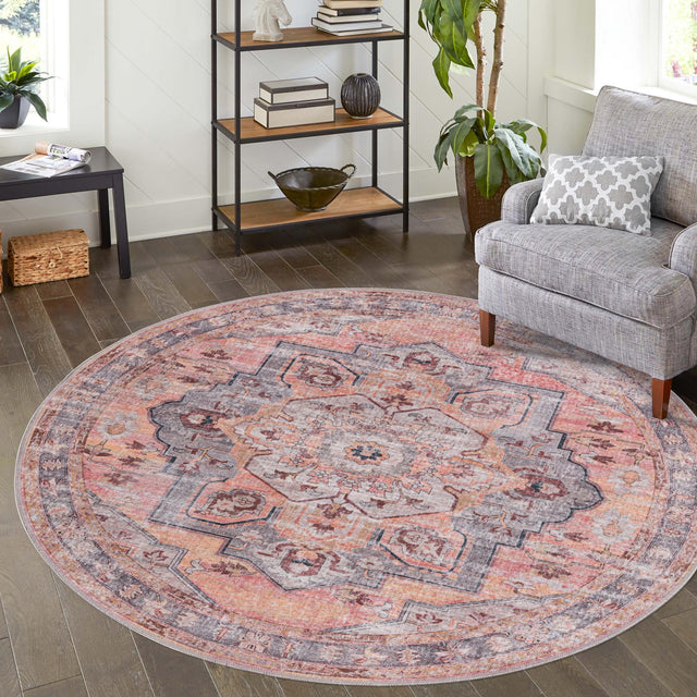 Washable Apricot and pink 5' 3 x 5' 3 Mangata Round Area Rug Easy to Clean Stain Resistant & Durable Chenille Traditional Vintage Distressed Carpet for Sale at Rug Engine