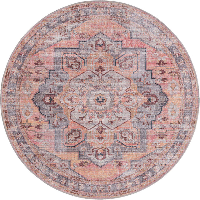Washable Apricot and pink 5' 3 x 5' 3 Mangata Round Area Rug Easy to Clean Stain Resistant & Durable Chenille Traditional Vintage Distressed Carpet for Sale at Rug Engine