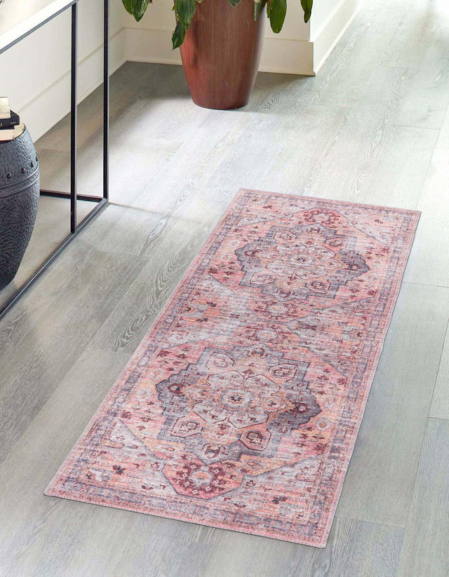 Washable Apricot and pink 2' x 6' Mangata Washable Runner Area Rug Easy to Clean Stain Resistant & Durable Chenille Traditional Vintage Distressed Carpet for Sale at Rug Engine