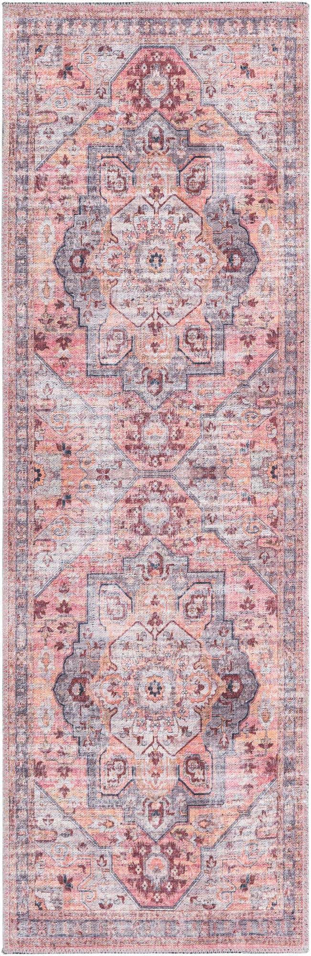 Washable Apricot and pink 2' x 6' Mangata Washable Runner Area Rug Easy to Clean Stain Resistant & Durable Chenille Traditional Vintage Distressed Carpet for Sale at Rug Engine