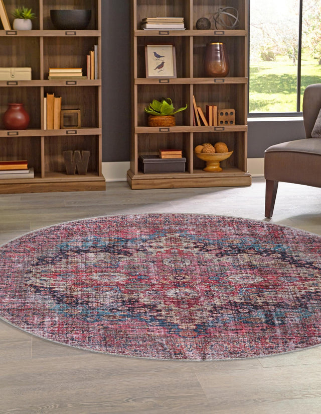Washable Multicolor 7' 3 x 7' 3 Mangata Round Area Rug Easy to Clean Stain Resistant & Durable Chenille Traditional Vintage Distressed Carpet for Sale at Rug Engine