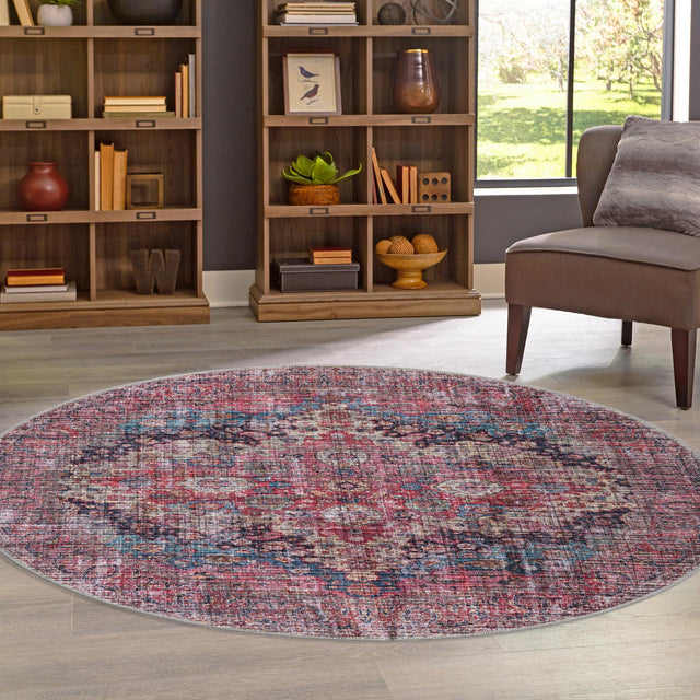 Washable Multicolor 7' 3 x 7' 3 Mangata Round Area Rug Easy to Clean Stain Resistant & Durable Chenille Traditional Vintage Distressed Carpet for Sale at Rug Engine
