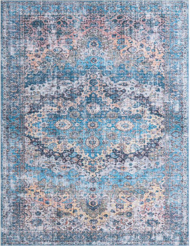 Washable Blue 10' 6 x 13' Mangata Washable Rectangle Area Rug Easy to Clean Stain Resistant & Durable Chenille Traditional Vintage Distressed Carpet for Sale at Rug Engine