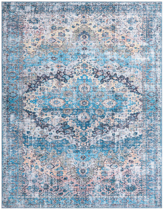 Washable Blue 7' 10 x 10' Mangata Rectangle Area Rug Easy to Clean Stain Resistant & Durable Chenille Traditional Vintage Distressed Carpet for Sale at Rug Engine
