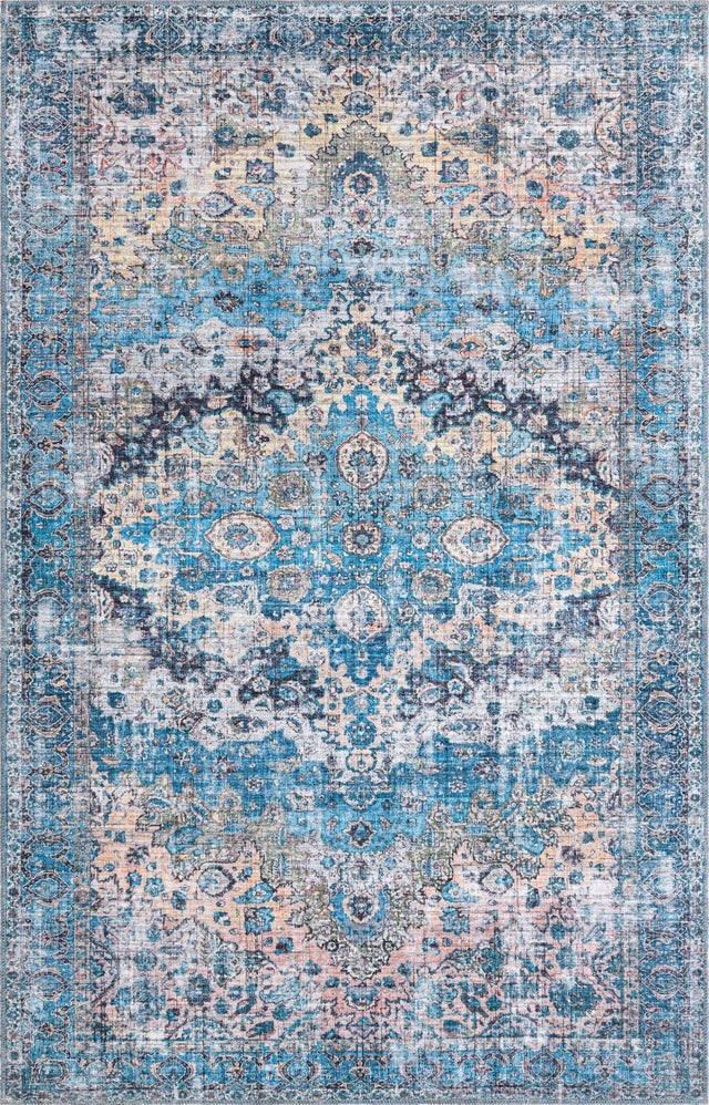 Washable Blue 5' 3 x 8' Mangata Rectangle Area Rug Easy to Clean Stain Resistant & Durable Chenille Traditional Vintage Distressed Carpet for Sale at Rug Engine