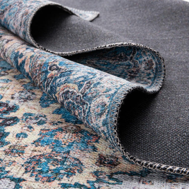 Washable Blue 9' 2 x 12' Mangata Washable Rectangle Area Rug Easy to Clean Stain Resistant & Durable Chenille Traditional Vintage Distressed Carpet for Sale at Rug Engine