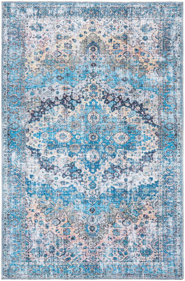 Washable Blue 3' 11 x 6' Mangata Rectangle Area Rug Easy to Clean Stain Resistant & Durable Chenille Traditional Vintage Distressed Carpet for Sale at Rug Engine