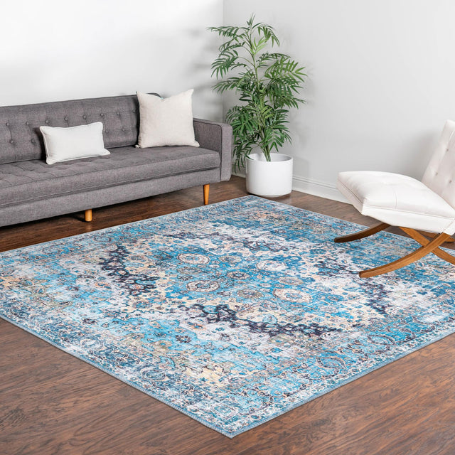 Washable Blue 7' 10 x 7' 10 Mangata Square Area Rug Easy to Clean Stain Resistant & Durable Chenille Traditional Vintage Distressed Carpet for Sale at Rug Engine