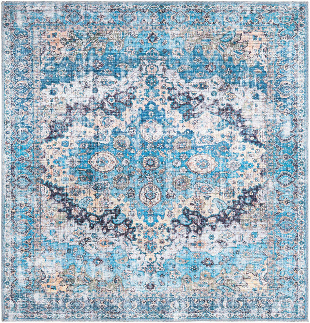 Washable Blue 5' 3 x 5' 3 Mangata Square Area Rug Easy to Clean Stain Resistant & Durable Chenille Traditional Vintage Distressed Carpet for Sale at Rug Engine