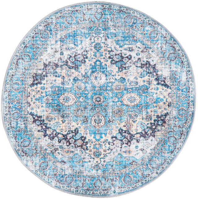 Washable Blue 3' 11 x 3' 11 Mangata Round Area Rug Easy to Clean Stain Resistant & Durable Chenille Traditional Vintage Distressed Carpet for Sale at Rug Engine